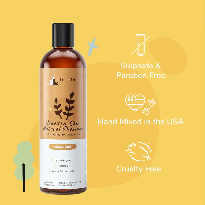 Oatmeal Shampoo for Dogs and Cats by kin+kind - Cat & Dog Shampoo for Sensitive Skin with Colloidal Oatmeal - Safe, Natural Formula with Olive Oil and Coconut Oil (12 fl oz) - Made in USA Unscented - BeesActive Australia