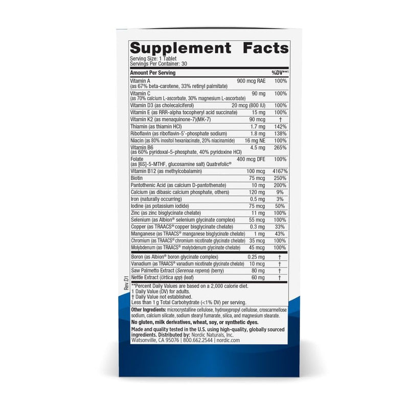 Nordic Naturals Men's Multivitamin One Daily - 30 Tablets, 1 Month Supply | 20 Essential Nutrients for Bone, Energy & Blood-Vessel Support. Immunity Supplement. 1 Tablet Daily. 30 Servings. 1 Count (Pack of 30)