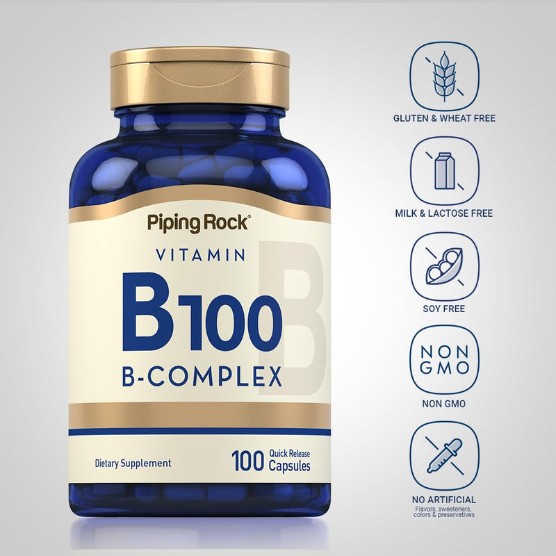 Piping Rock Vitamin B100 Complex | 100 Capsules | Supplement with Vitamins B12, B1, B2, B6 | Non-GMO, Gluten Free 100 Count (Pack of 1)