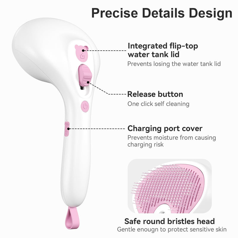 Euqvunn Cat Brush with Steam with Trigger Button, [Ultra-Quiet Design/Comfort Handle] Pet Steam Brush Cat Steamy Brush Dog Brush Rechargeable Cats with Spray for Cats, Dogs, Rabbits Pink-White - BeesActive Australia