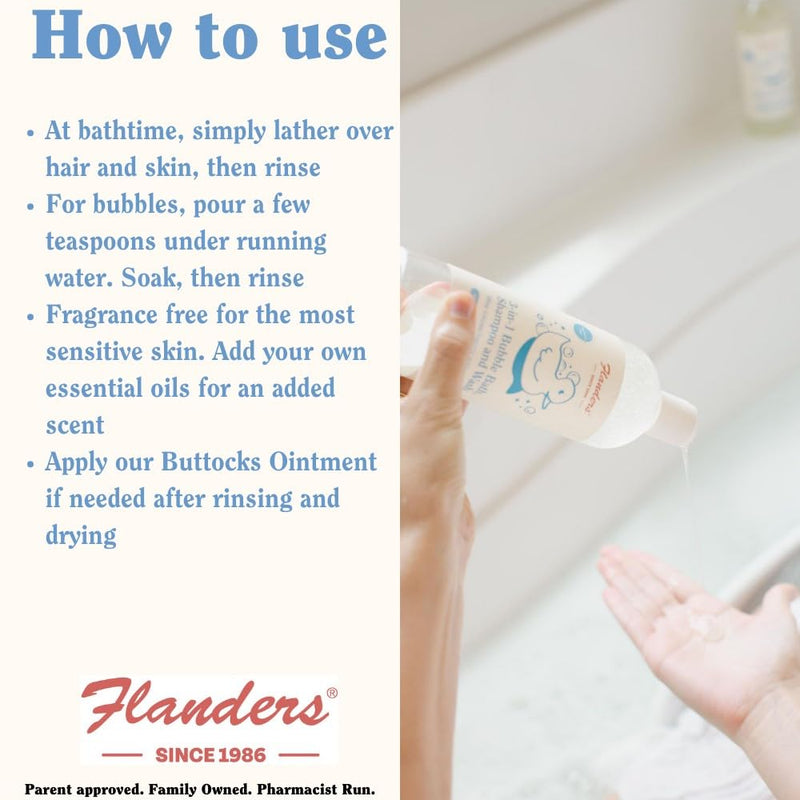 Flanders Bubble Bath - Shampoo & Wash 3-IN-1, Pharmacist Developed, Plant Based, Unscented, Clean Ingredients, Calming & Fun for Sensitive Skin, All Ages (15oz) 15 Fl Oz (Pack of 1) - BeesActive Australia