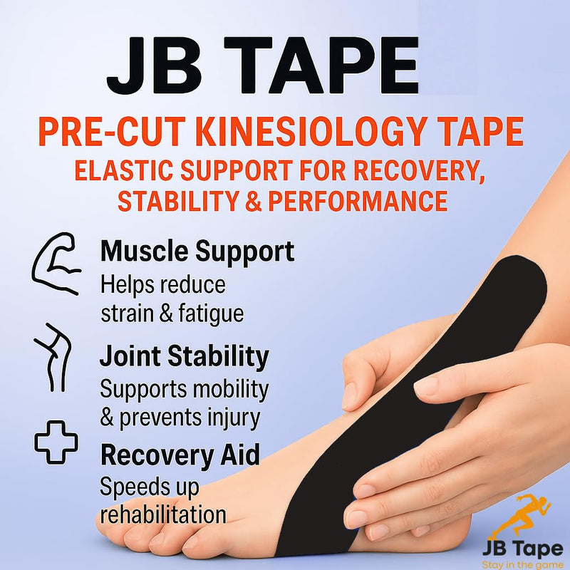 JB Tape Kinesiology Tape – 80 Precut 10-Inch Strips – Black – Elastic, Latex-Free, Water Resistant – Athletic Muscle & Joint Support – 4 Rolls Black Jet