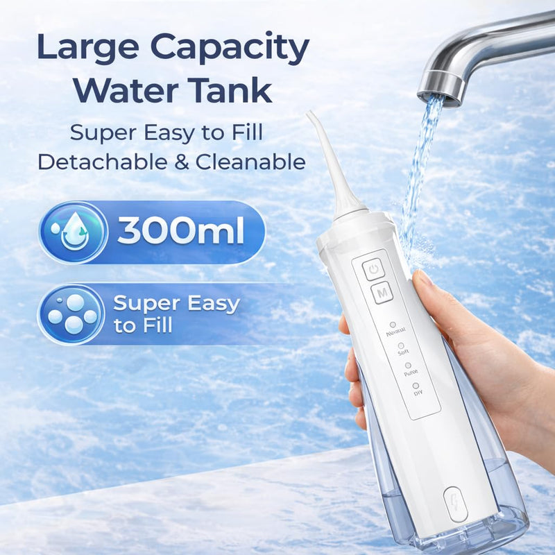 Water Flosser for Teeth, Portable Cordless Oral Irrigator with 4 Modes, 300ML Large Water Tank, IPX7 Waterproof Dental Flosser for Braces, Travel & Home Use (White) White