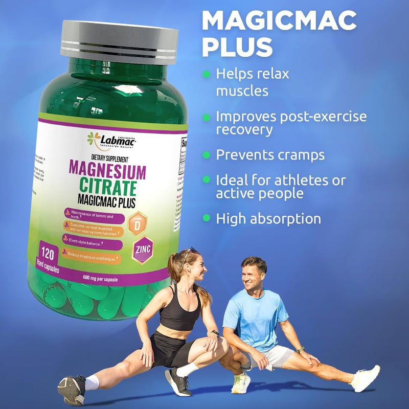 Magnesium Citrate 600mg, 120 Capsules - 3-in-1 Magnesium Citrate Capsules with Vitamin D3 and Zinc Supplements - citrato de magnesio for Muscle, Nerve Function, Healthy Bones, Teeth, Fatigue/Tiredness