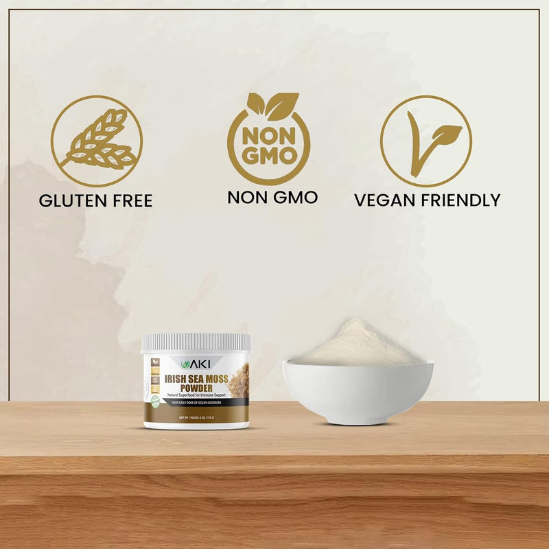 AKI Irish Sea Moss Powder - Rich in 92 Essential Minerals & Vitamins, Including Iodine, Potassium & Magnesium - Ideal for Smoothies & Juices - 100% Vegan, Non-GMO & Supports Wellness (6 Oz/170g)