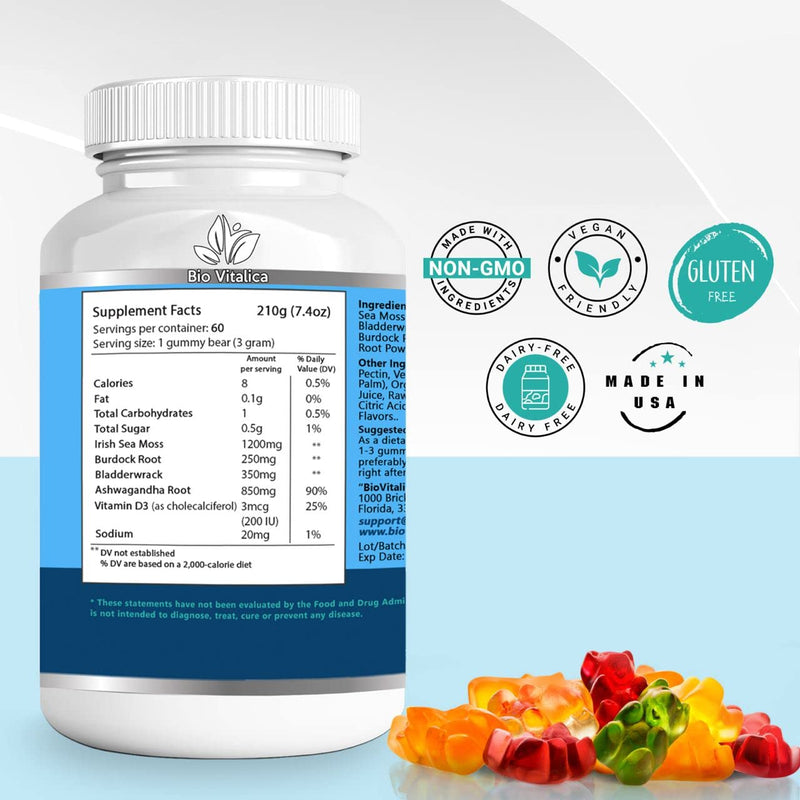 Sea Moss Ashwagandha Gummies - Organic Irish Sea Moss Blended with Burdock Root & Bladderwrack - Natural Energy & Calm Support for Adults - 2 Packs Sea Moss Ashwagandha 60 Count (Pack of 2)