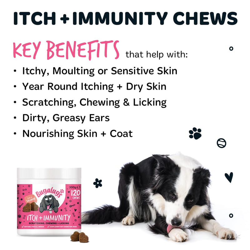 BUGALUGS Itch & Immunity Dog Treats – Helps Soothe Itchy Skin, Paws, Ears - Licking, Scratching - Perfect for Small, Medium & Large Dogs 120 Chews