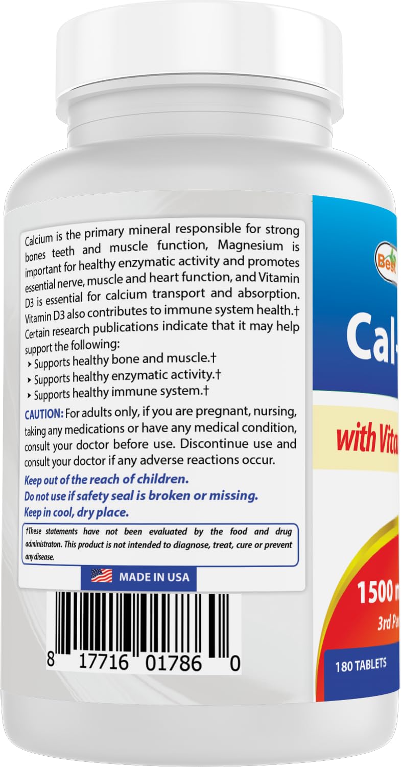 Best Naturals Calcium Magnesium with Vitamin D3 1500mg Serving 180 Tablets (180 Count (Pack of 1)) 180 Count (Pack of 1)