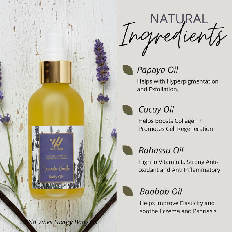 Wild Vibes Lavender Vanilla Body & Massage Oil - Hydrating Jojoba, Papaya and Shea Nut Oils, Vitamin E, Lupine Seed Extract for Collagen Production – Nourishing Oil for All Skin Types 4oz