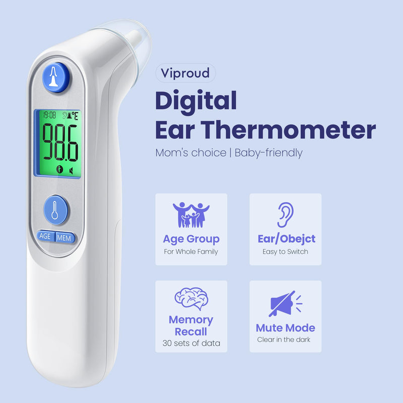Ear Thermometer, Digital Ear Thermometer for Kids and Adults, High Accuracy Baby Thermometer with 1s Result, 3-Color Dispaly, 30 Memory Recall, with 21 Disposable Probe Covers White - BeesActive Australia