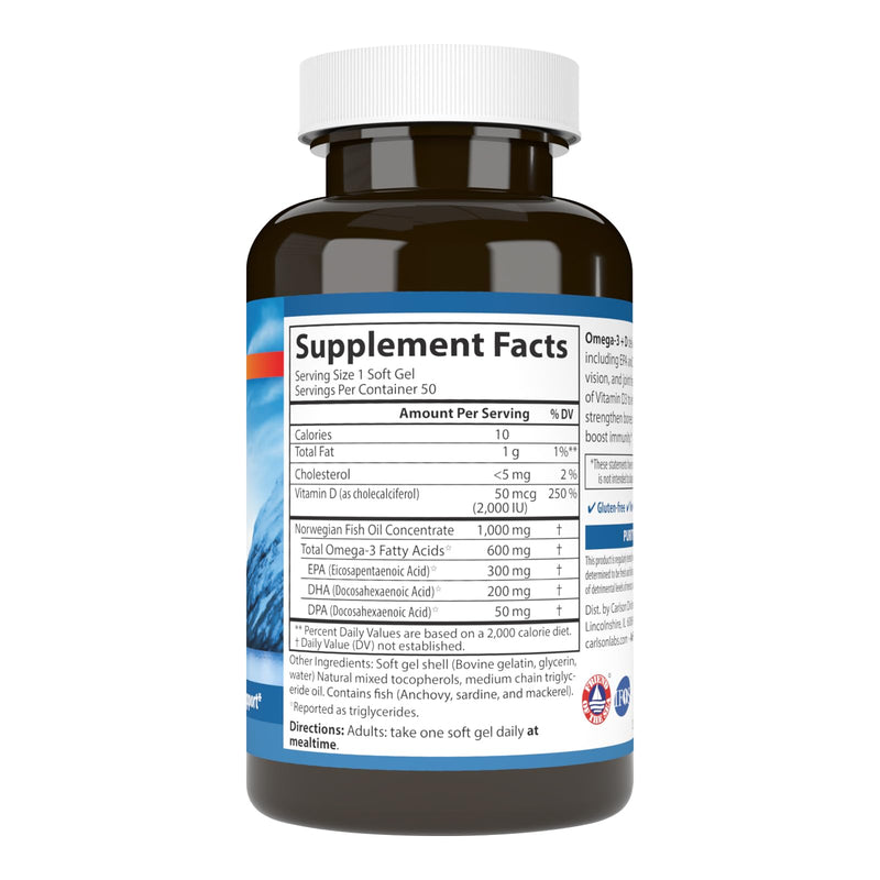 Carlson Omega-3 + D, 600 mg Omega-3s with EPA & DHA + 2,000 IU Vitamin D3, Wild-Caught Fish Oil, Norwegian-Sourced Omega-3 Supplement, Heart, Brain & Bone Support, 50 Soft Gels