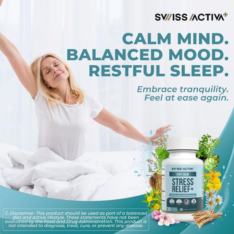Swiss Activa+ Labs Calm & Stress Support for Women, Ashwagandha & Rhodiola | Relaxation & Mood Balance Support, GABA & L-Theanine, Natural Herbal Supplement for Women, 30 Day Supply 30 Count (Pack of 1)