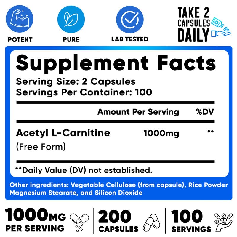 We Like Vitamins Acetyl L-Carnitine 1000mg Capsules - 200 Easy to Swallow Veggie Capsules - Acetyl l Carnitine Supplement Helps Support Focus, Brain Function, and Energy 200 Count (Pack of 1)