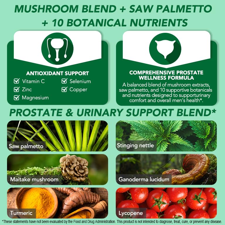 Saw Palmetto Prostate Supplement for Men 2000mg – Advanced 45% Fatty Acids Formula with Reishi & Maitake, Stinging Nettle, Zinc Selenium Magnesium Vitamin C Lycopene – Urinary Support – 90 Capsules