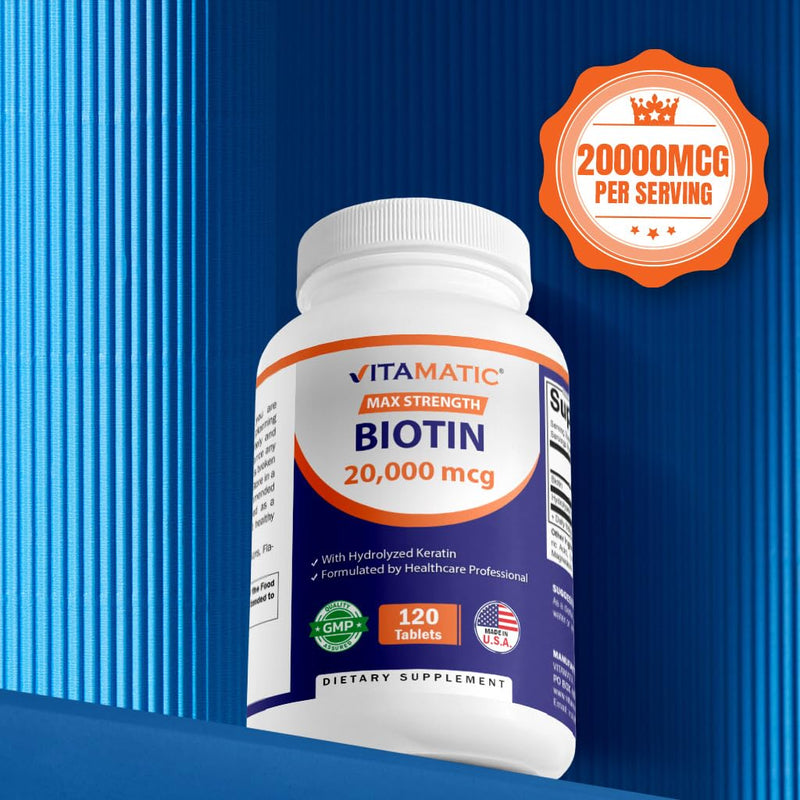 Vitamatic Biotin 20,000 mcg Tablets with Keratin, 120 Count - 3 Pack | Supports Healthy Hair, Nails and Skins*, Non-GMO, Gluten Free, Made in USA 360 Count (Pack of 1)