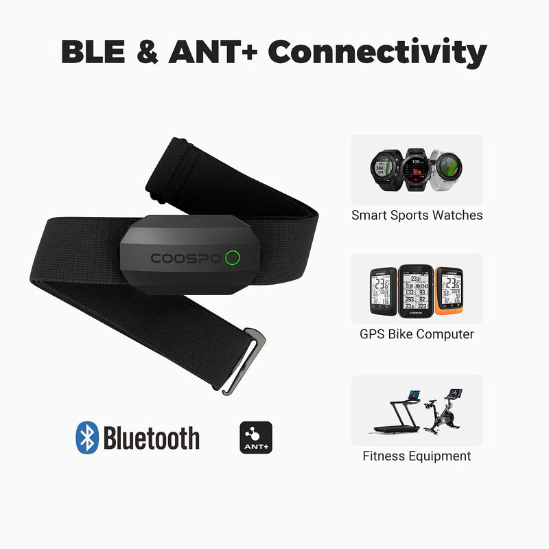COOSPO Bluetooth Heart Rate Monitor Chest Strap H808S, ANT+ BLE HR Monitor Chest, HRM IP67 Waterproof, 300H Battery Life Black