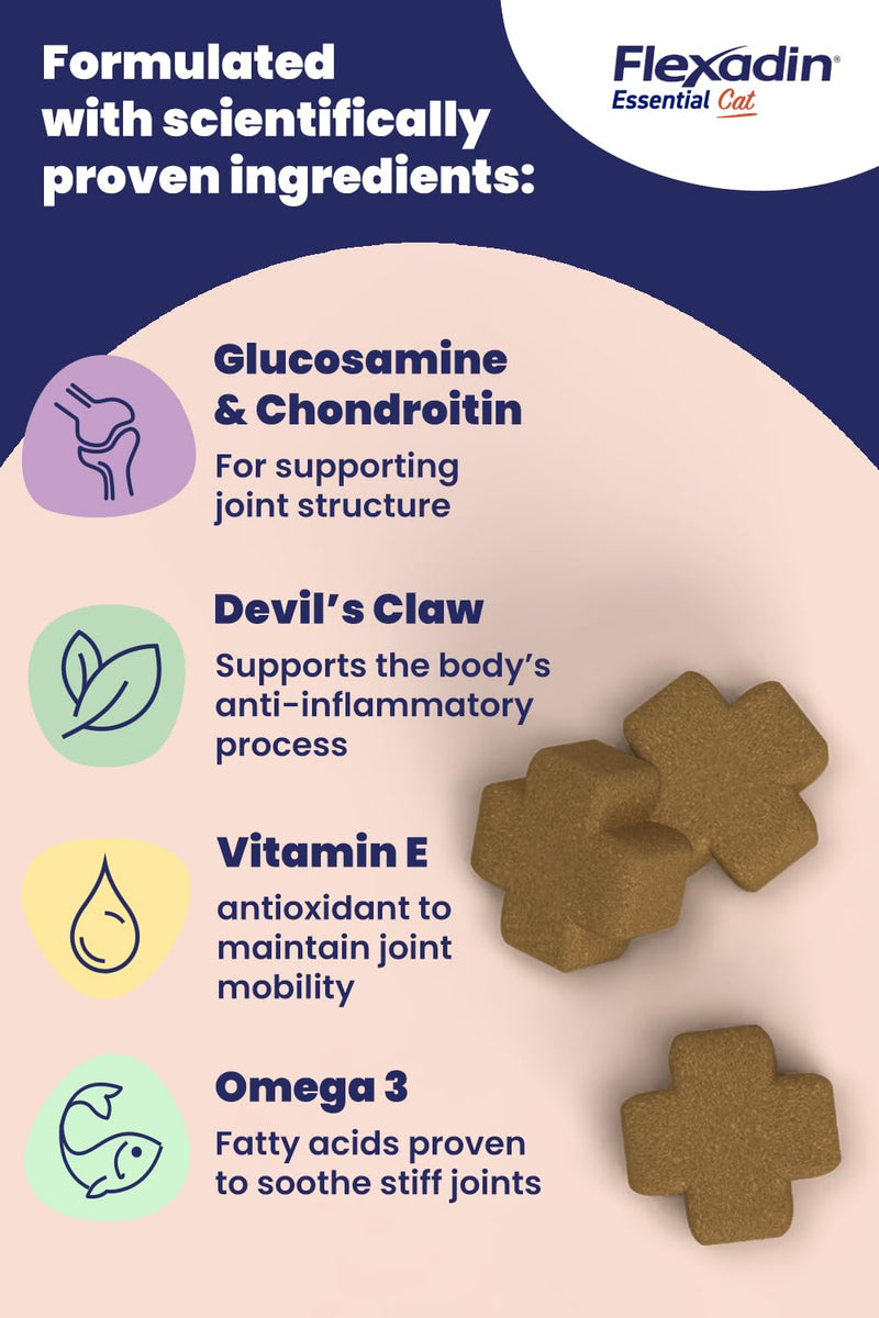 Flexadin Essential Joint Care Supplement for Cats containing Glucosamine, Chondroitin, Omega 3, Vitamin E & Devil’s Claw/Promoting long-term joint health, mobility & flexibility / 30 chew pack
