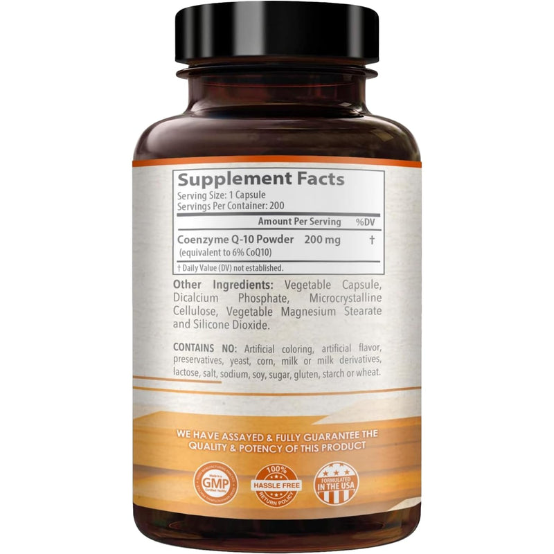 Coenzyme Q10 200mg CoQ10 Supplement -Once Daily CoQ10 200mg Powder Capsules for Heart Health, Antioxidant & Energy Support -Non-GMO, Quick Absorption Ubiquinone Q10 Coenzyme (Single) 200 Count (Pack of 1)