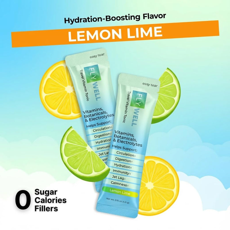Travel Vitamin Tonic for Flights, Hydration, Circulation, Digestion & Immune Support, Electrolyte Powder, Travel Essentials, Lemon Lime, 15 Sticks
