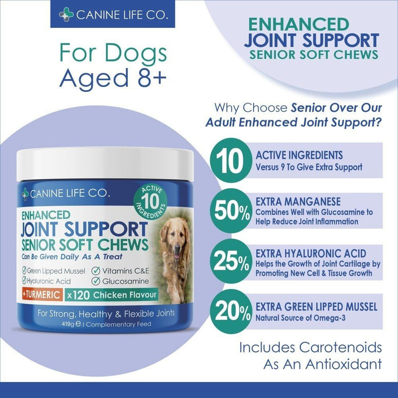 Canine Life Co. Senior Dog Joint Supplement – 10 Active Ingredients with Glucosamine, Green Lipped Mussel & Turmeric – High Strength Soft Chews for Dogs Aged 8+ – 120 Chicken-Flavoured Treats