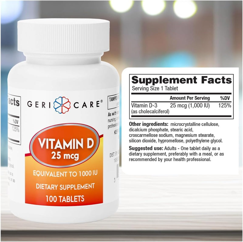 GeriCare Vitamin D 25mcg Tablets, Promotes Healthy Bones & Immune Support, Dietary Supplement, 100 Count (2 Pack) 100 Count (Pack of 2)