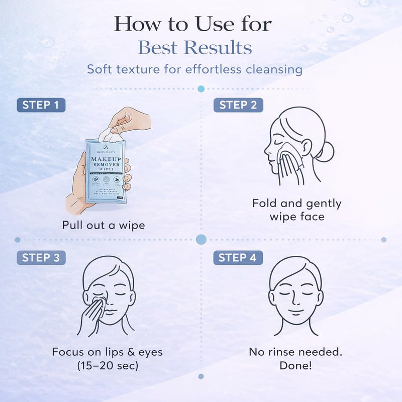 Angel Beauty Makeup Remover Wipes – 30 Individually Wrapped Micellar Face Wipes Singles – Daily Gentle Facial Cleanser with Aloe, Avocado & Vitamin C – Alcohol-Free, Paraben-Free, Travel-Friendly