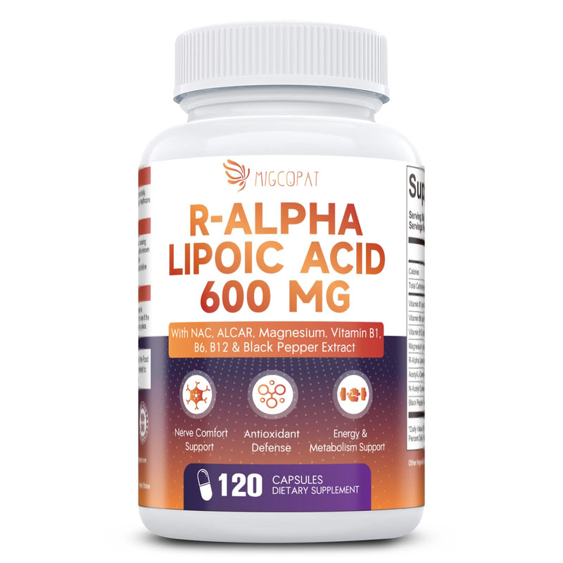 Migcopat R Alpha Lipoic Acid 600mg Neuropathy Supplement 120 Caps | ALCAR, NAC, Magnesium & Active B-Vitamins | Antioxidant for Energy & Nervous System, Non-GMO, Vegan