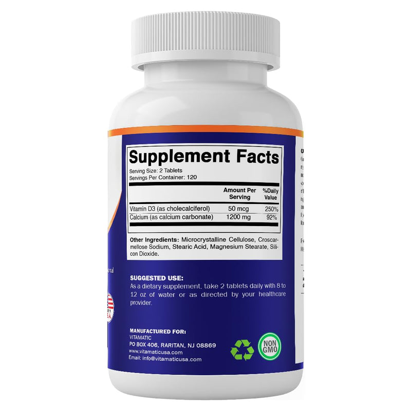 Vitamatic Calcium 1200mg with Vitamin D3 2000 IU (50mcg) – Bone & Immune Support Formula – 240 Tablets – High Absorption Calcium Carbonate with D3 – Non-GMO, Gluten-Free