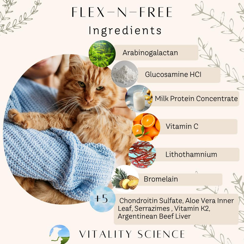 Vitality Science Flex N Free for Cats | Promotes Healthy Bones & Joints | Relieves Joint Stiffness & Maintains Mobility | Reduces Inflammation | Builds Healthy Bone Tissue | 100% Natural (220g) 220g