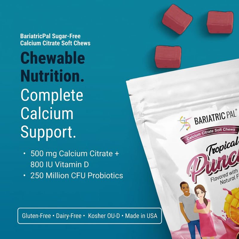 BariatricPal Sugar-Free Calcium Citrate Soft Chews | 500mg with Vitamin D & Probiotics | Tropical Punch | 90 Count (1 Month Supply)