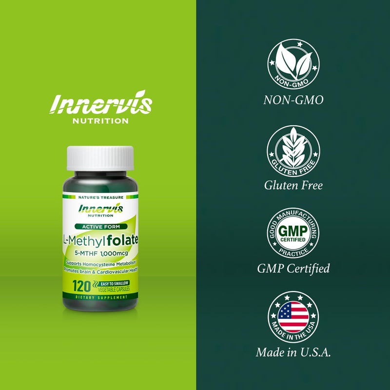 L-Methylfolate 1000mcg (120 Caps) Active Folate for Heart, Nerve Health & Homocysteine Support* - 5-MTHF Methylated Vitamin B9-1700 mcg DFE by Innervis Nutrition