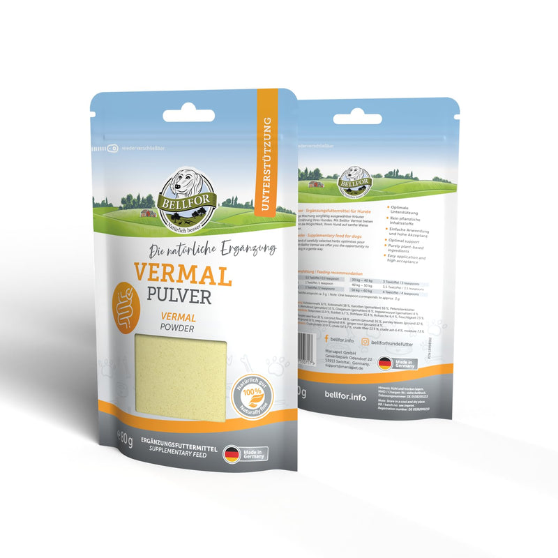 Vermal powder from Bellfor with coconut flour and pumpkin seeds - 80 g. Natural preventive agent against worm infestation in dogs in animals, supports intestinal health and immune system without the development of resistance. - BeesActive Australia