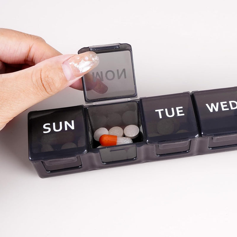 Weekly Pill Organizer 7 Day, Daily Medicine Planner with Large Compartments, Portable Vitamin and Supplement Organizer Case, Travel Friendly Design (Black)