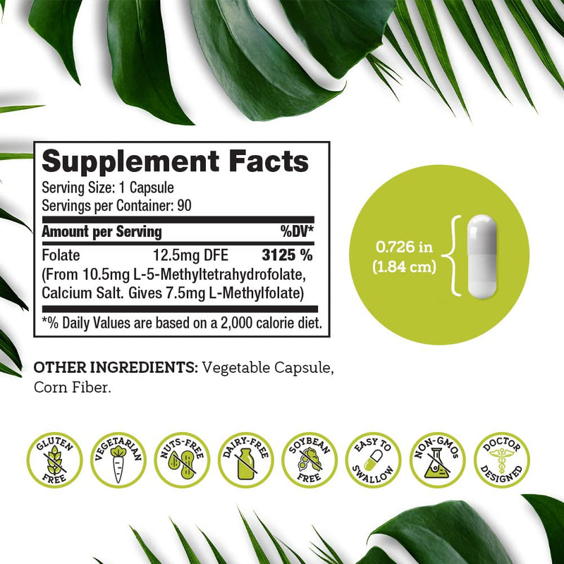 DSO L Methylfolate 7.5mg (5 MTHF Supplement) - 90 Vegan Capsules (7.5 mg) - Active L Methyl Folate Supplement for Homocysteine Control - Folic Acid Vitamin - Eco-Friendly Packaging 1 Count (Pack of 90)