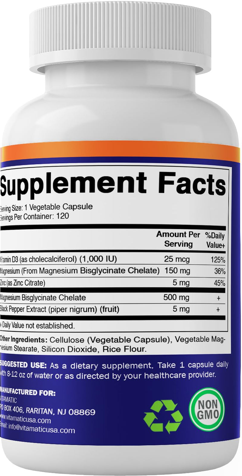 Vitamatic Magnesium (from Bisglycinate & Oxide) with Vitamin D3 & Zinc - 120 Veg Capsules - Supports Muscle, Joint, Nerve & Heart Health – Non-GMO, Gluten-Free (Pack of 2) 120 Count (Pack of 2)