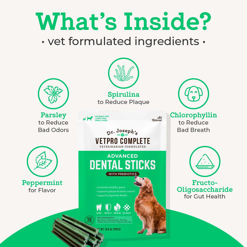 Vetpro Complete Advanced Dental Sticks with Prebiotics, 15 Sticks, Cleans Teeth, Freshens Bad Breath, and Supports Gut Health, Target Tartar and Plaque Build Up, Veterinarian Formulated - PawsPlanet Australia