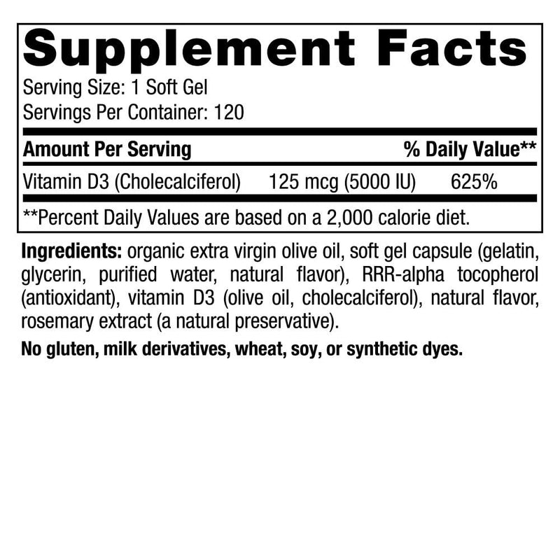Nordic Naturals Vitamin D3 5000, Orange - 120 Mini Soft Gels - 5000 IU Vitamin D3 - Supports Healthy Bones, Mood & Immune System Function - Non-GMO - 120 Servings 5000 I.U. - BeesActive Australia