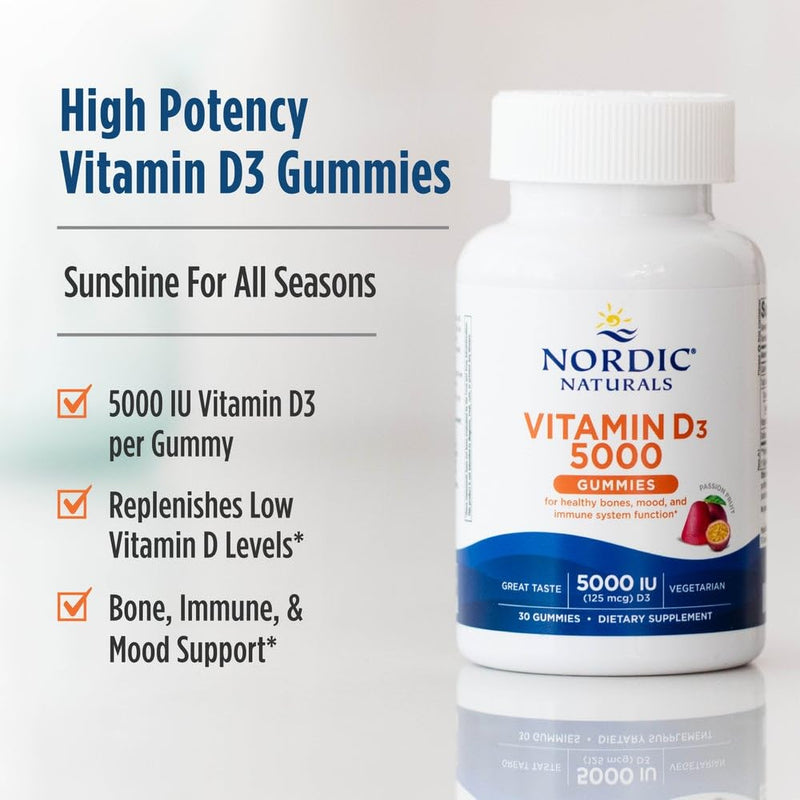 Nordic Vitamin D3 5000 IU Gummies, Bones Mood Immune Support - 30 Count | vitamin D3 per serving. Supports bone health, mood & immunity. Passion fruit gummies. Vegetarian, Non-GMO. 30 count.