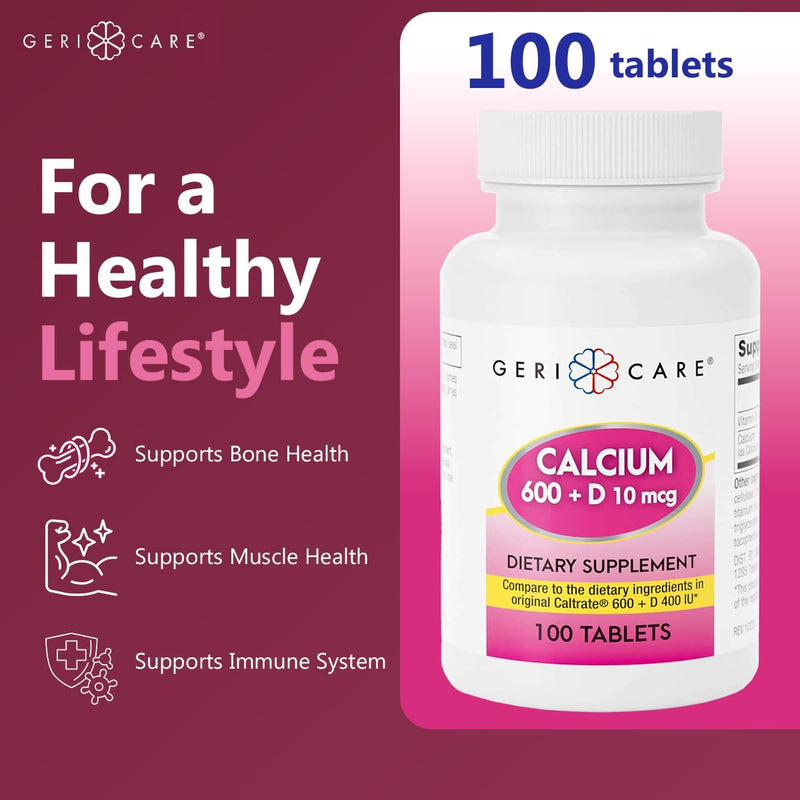GeriCare Calcium 600mg, Vitamin D 10mcg (400 IU) Tablets, Supports Bone Health, Nutritional Supplement, 100 Count (Pack of 1) 100 Count (Pack of 1) Calcium 600mg - Vitamin D 10mcg