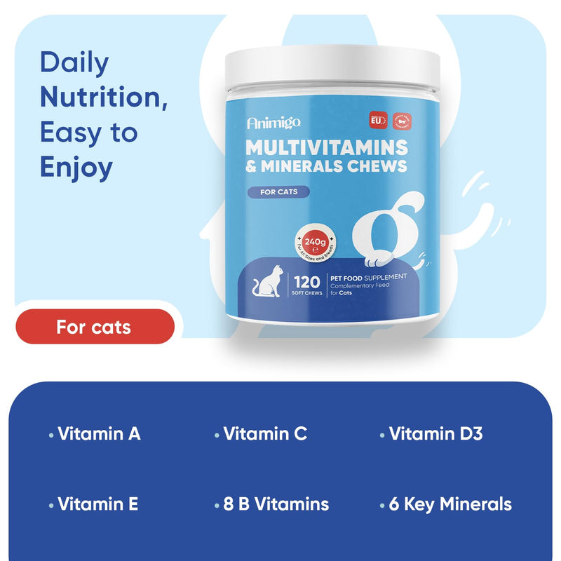 animigo Multivitamins and Minerals for Cats - 120 Soft Chews - With 18 Vitamins & Minerals - Easy to Chew & Gentle Formulation - Suitable For All Breeds - Lactose-Free & Soy-Free
