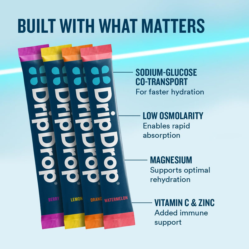 DripDrop Hydration Bold Variety Pack, Electrolyte Packets, 16 Count | Watermelon, Berry, Lemon & Orange; 3X Electrolytes, Vitamin C, Magnesium, Potassium, Zinc; Single Serve Powder Drink Mix