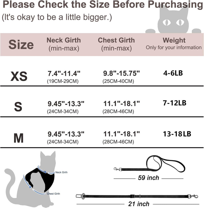 Cat Harness, Cat Car Harness and Leash for Walking, Escape Proof Soft Adjustable Vest Harnesses for Cats, Easy Control Breathable Reflective Strips Harness, Kitten Harness and Leash Set, Black, S S (7-12lb) - BeesActive Australia