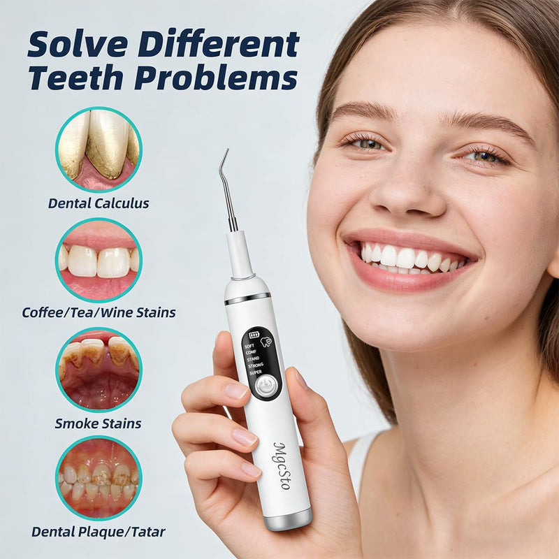 Ultimate Electric Teeth Cleaner - Ultrasonic Tooth Cleaning, Violet Light Protection, 316F Stainless Steel Heads, 5-Speed Modes, IPX6 Waterproof, Oral Care Kit with 7 Accessories‌ (White)