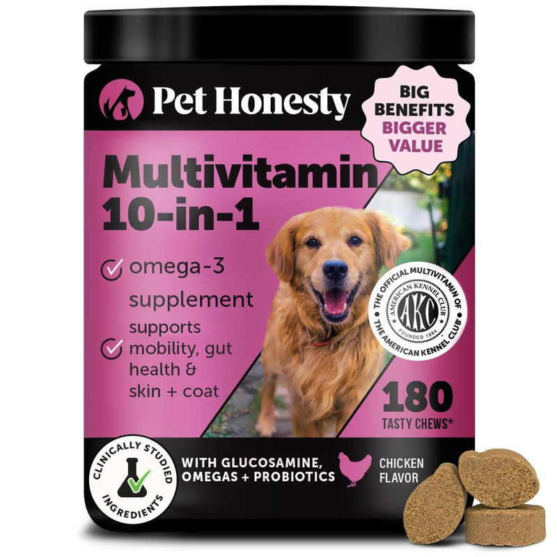 10-in-1 Dog Multivitamin Supplement with Glucosamine & Probiotics - Hip & Joint Support, Digestive Health, Immune Support, Heart & Skin - All-in-One Daily Vitamins & Omega-3s for Dogs (Chicken 180 Ct) Chicken 180ct