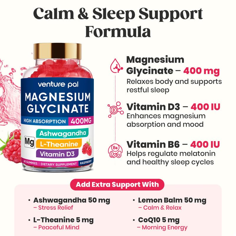 60 Day Supply Magnesium Glycinate 400mg Gummies Sugar Free High Absorption | With Ashwagandha, L-Theanine, CoQ10, Vitamin D3 & B6, Adults & Kids, Stress Relief, Sleep & Calm, Vegan, Gluten Free 60 Count (Pack of 1) V3-raspberry