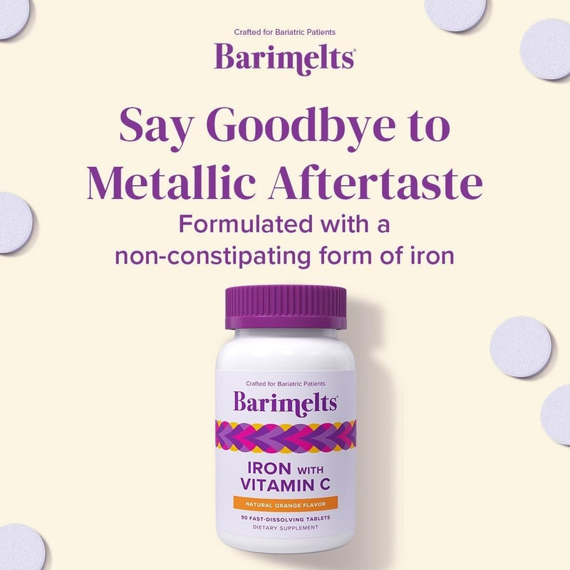 Barimelts Iron with Vitamin C, 180 Fast-Dissolving Tablets (2-Month Supply), Sugar-Free Bariatric Iron Supplement for Women, Natural Orange Flavor 90 Count (Pack of 2)