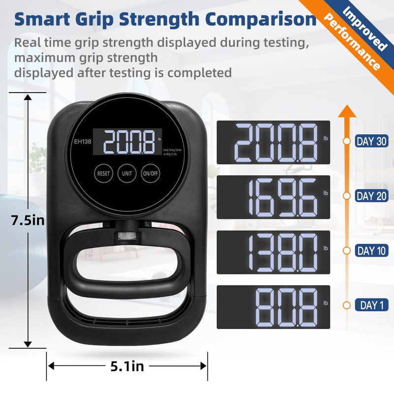 Grip Strength Tester Hand Gripper - Grip Strength Trainer Hand Dynamometer Handheld Meter LED Display Comfortable 265 Lbs / 120 Kgs Finger Strengthener for Sports Home School Gym Use Black