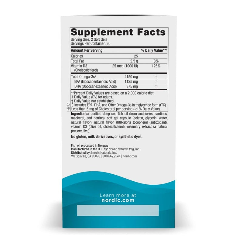 Nordic Naturals Ultimate Omega 2X w/Vitamin D3, 2150mg EPA+DHA - 60 Count | Omega-3 + vitamin D3 in one. 2150mg EPA+DHA + 1000 IU D3 for heart, brain & immune health. Lemon flavor, 60ct, 30 servings 60 Count (Pack of 1)