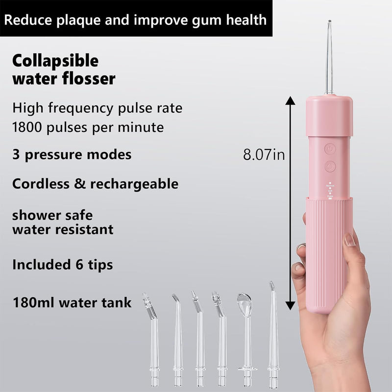 Portable Mini Water Flosser, Oral Irrigator Water Teeth Cleaner Pick with Telescopic Water Tank,3 Modes & IPX7 Waterproof, Home & Travel (Pink) Pink