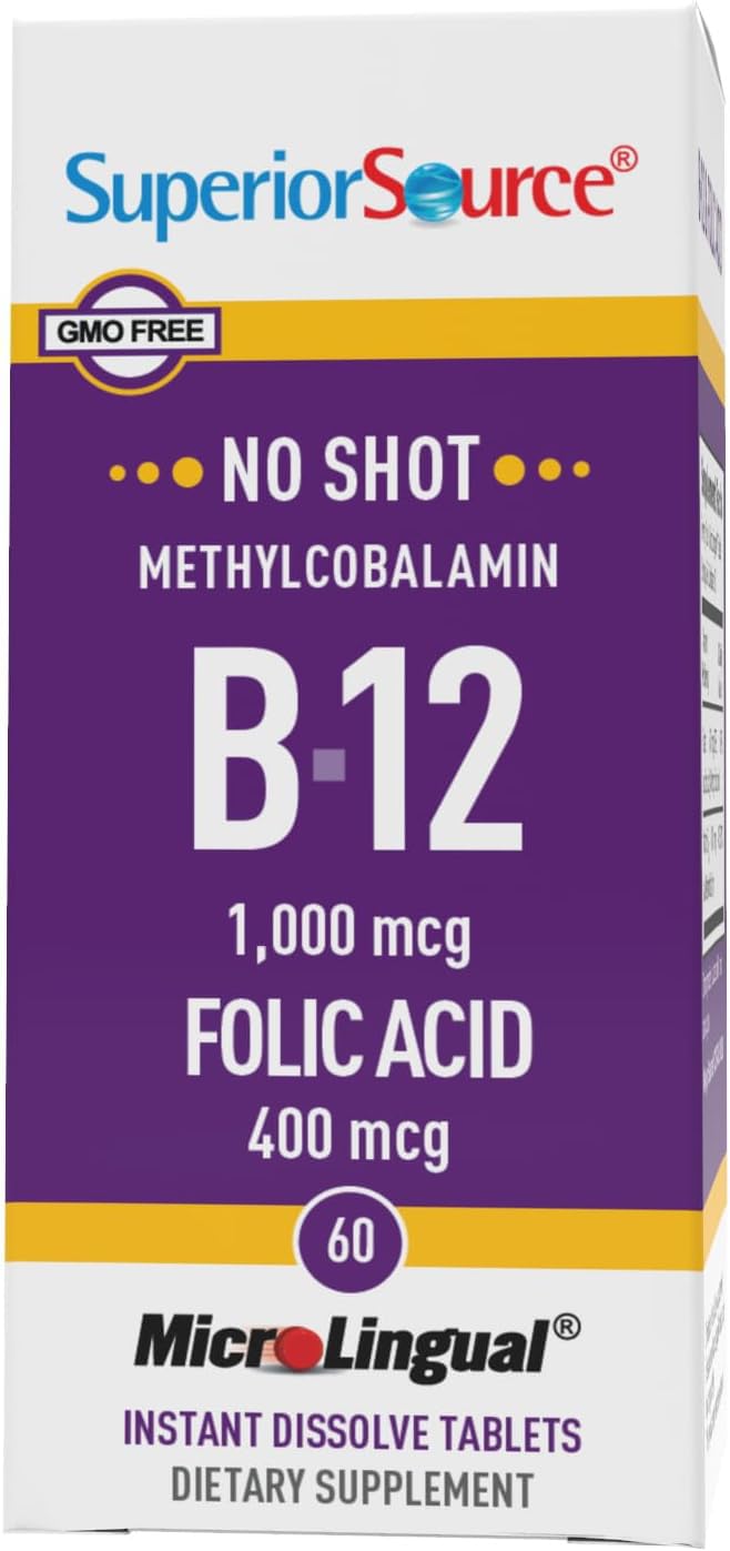Superior Source No Shot Methylcobalamin B12 with Folic Acid Multivitamin, 60 Count (Pack of 2) 60 Count (Pack of 2)